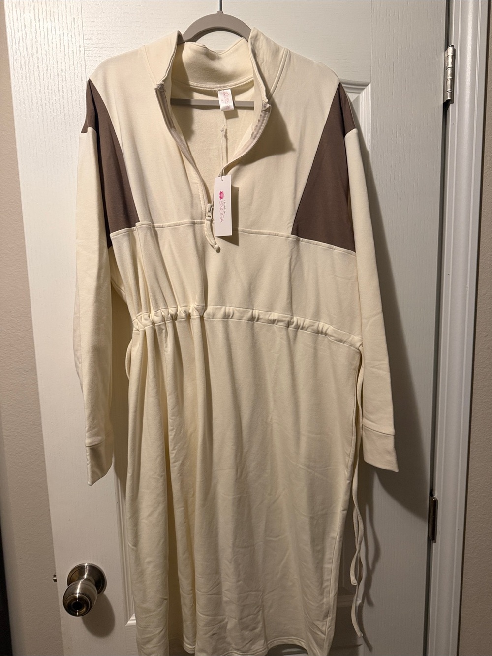 Cream and Brown Long Sleeve Drawstring Waist Dress